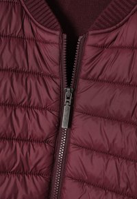 Giacca imbottita bordeaux con colletto a costine e chiusura a zip. Presenta cuciture orizzontali e zip metallica. Tessuto morbido e liscio.