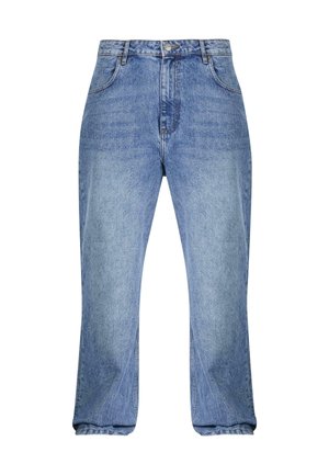 Lyseblå denimjeans med høyt liv, rett passform og lett utsvingte ben. Har klassisk fem-lomme-stil og beltehuller.