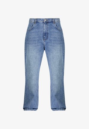 Světle modré džíny z denimu s vysokým pasem, rovný střih a mírně rozšířené nohavice. Obsahují klasické pětikapsové provedení a poutka na opasek.