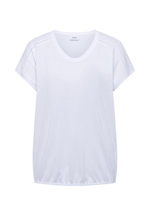 Witte blouse met korte mouwen en V-hals, decoratieve stiksels op de schouders, en een elastische zoom, met het label "Cecil".