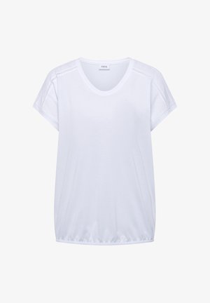 Blouse blanche à manches courtes avec col en V, coutures décoratives sur les épaules et ourlet élastiqué, étiquetée "Cecil".