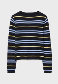 Pull noir à manches longues avec des rayures horizontales bleues et jaunes. Il présente un col rond et des poignets côtelés, fabriqué dans un tissu doux.