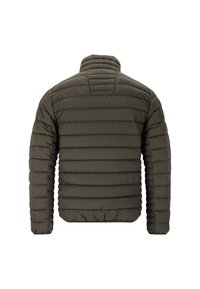 Veste rembourrée vert olive, design matelassé avec coutures horizontales, col haut et poignets élastiqués, texture lisse, sans matériel visible.