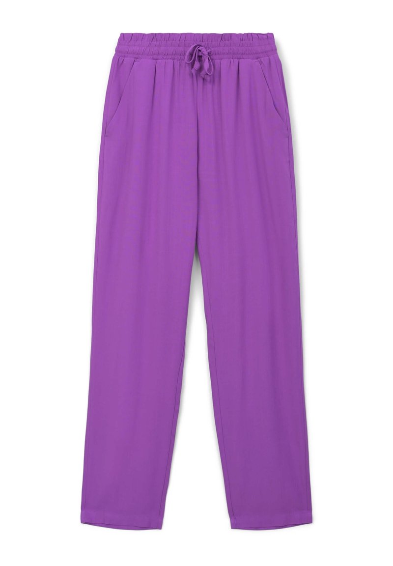 Pantaloni leggeri viola con vita elastica e coulisse regolabile. Presentano due tasche laterali e un design a gamba dritta.