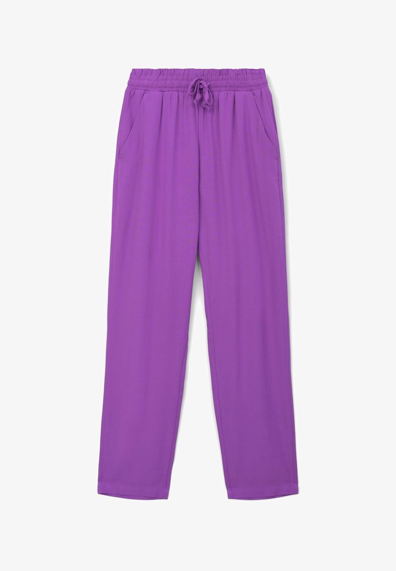 Pantaloni leggeri viola con vita elastica e coulisse regolabile. Presentano due tasche laterali e un design a gamba dritta.