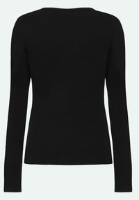 Schwarzes Langarmtop aus weichem Rippstoff mit rundem Ausschnitt und figurbetontem Schnitt, sauberen Kanten und ohne sichtbare Nähte.