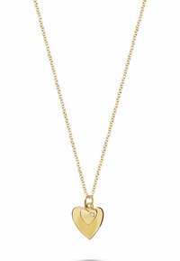 Guld-halskæde med et dobbelt hjerteanhæng, der har en lille diamantaccent på forsiden. Kæden har et klassisk linkdesign.