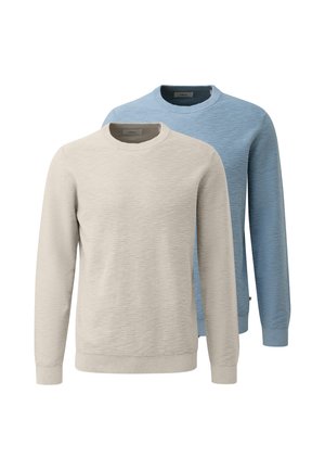 Due maglioni semplici a manica lunga con scollo a girocollo, uno beige davanti e uno azzurro dietro, esposti su sfondo bianco.