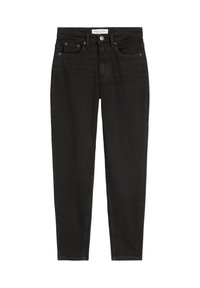 Czarne dżinsy o slim fit, z pięcioma kieszeniami, zapięciem na guzik i zamek błyskawiczny oraz miękką teksturą. Bez widocznych wzorów ani akcentów metalowych.