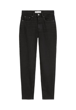 Jean en denim noir avec une coupe slim, design à cinq poches, fermeture par bouton et zip, et une texture douce. Aucun motif visible ni accents métalliques.