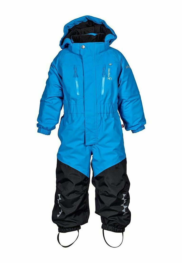 Ljust blått isolerat enhelts snödräkt med svarta detaljer, med huva, dragkedja fram och elastiska ärmslut för värme och komfort.