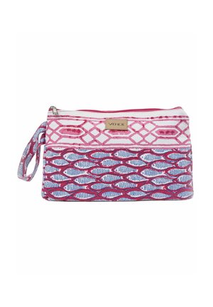 Portamonete rettangolare per polso con fantasia rosa, bianca e blu, con cerniera e cinturino in tessuto, marchiato "Verde" sul davanti.