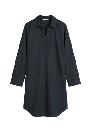 Dunkelblaues langärmeliges Hemdkleid mit Kragen und V-Ausschnitt, ausgestattet mit einem abgerundeten Saum und geknöpften Manschetten.
