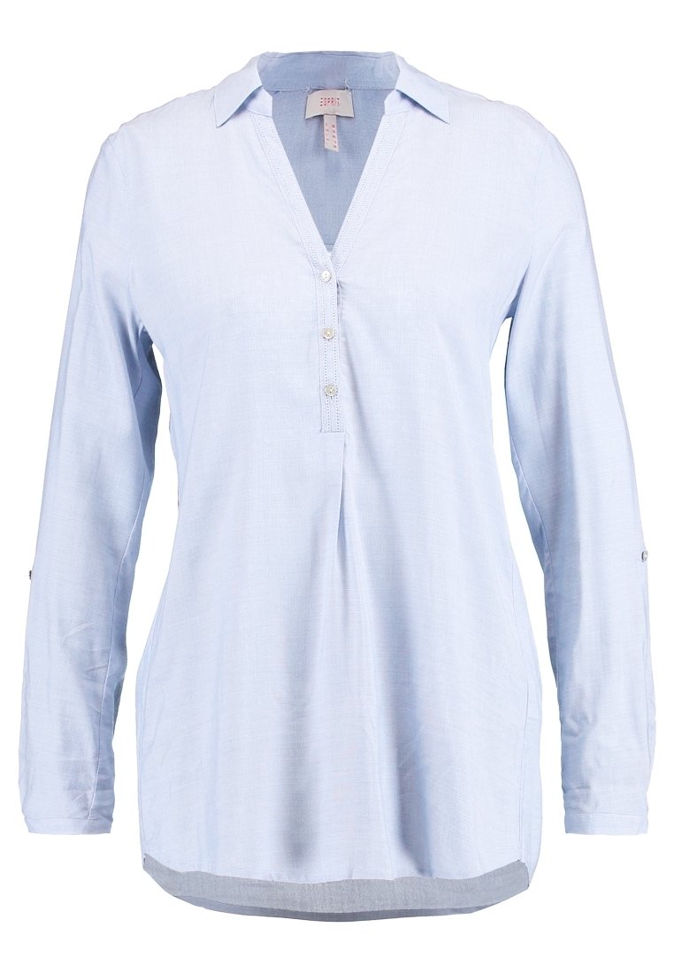 Hellblaues Langarmhemd aus weichem Stoff mit V-Ausschnitt, Knopfleiste und lockerem Schnitt mit geschwungenem Saum.