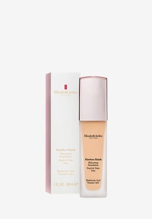 Flacon et boîte de Elizabeth Arden Flawless Finish Skincaring Foundation, 30 ml, avec acide hyaluronique et vitamines C et E.