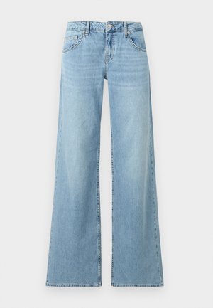 Svetlomodré rifle s vysokým pásom, širokými nohavicami, predným gombíkom a zipsom a klasickým päťvreckovým strihom.