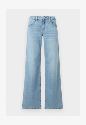 Φωτεινό γαλάζιο τζιν ψηλόμεσο με φαρδιά πόδια, μπροστινό κουμπί και φερμουάρ, καθώς και κλασικό στυλ με πέντε τσέπες.