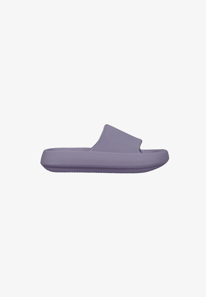 Purple slide sandal with a textured upper, open toe, and flat sole. Made of synthetic material, featuring a ribbed design and smooth finish.