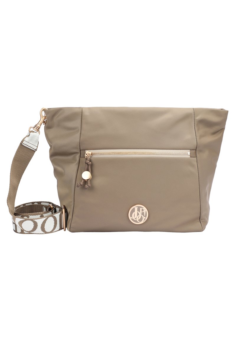 Borsa a tracolla color taupe con tasca frontale con zip, tiranti decorativi e tracolla regolabile con motivo crema e marrone.