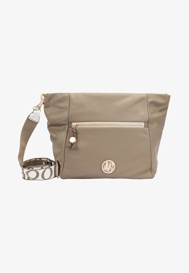 Borsa a tracolla color taupe con tasca frontale con zip, tiranti decorativi e tracolla regolabile con motivo crema e marrone.