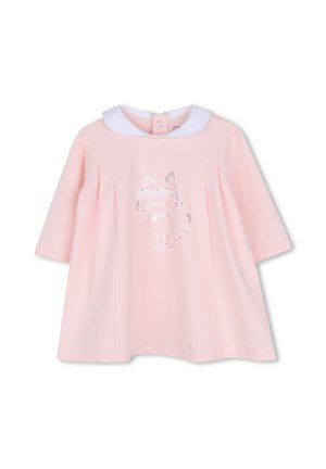 Robe bébé rose clair avec col Peter Pan blanc et contour argenté d’un chat portant des lunettes de soleil à l’avant.