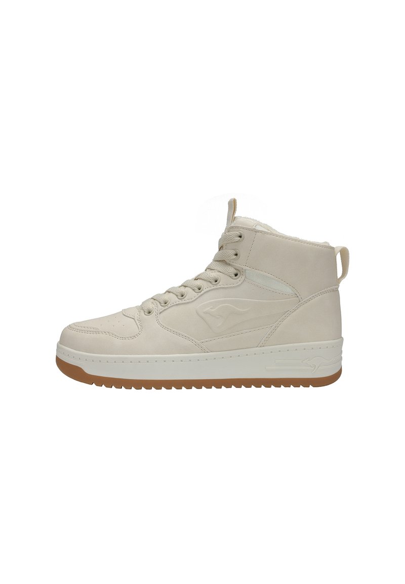 High-top sneaker in cream faux leather with a textured surface, featuring a padded collar, circular toe perforations, and gum rubber outsole.