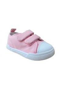 Zapatilla de lona rosa con cintas de Velcro, puntera de goma texturizada blanca y suela antideslizante. Diseñada para comodidad y fácil uso.