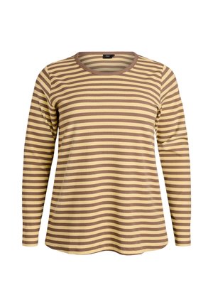 Majica z dolgimi rokavi in krojnim ovratnikom, ki ima izmenične črte v rumenih in rjavih odtenkih. Žametna tekstura, sproščen kroj in ukrivljen rob.
