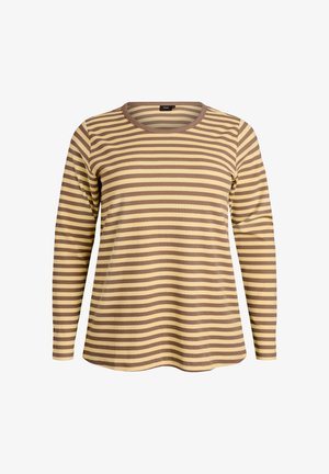 Dug veoma dugih rukava s okruglim izrezom, s naizmjeničnim prugama u žutim i smeškim tonovima. Rebrasta tekstura, ležerni fit i zakrivljeni rub.