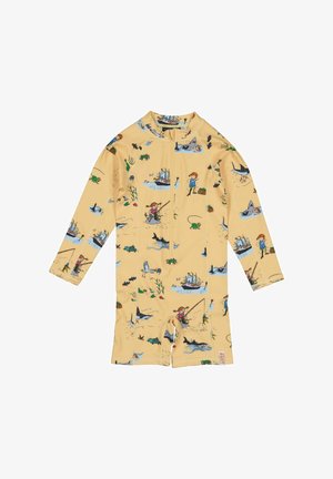 Gul langærmet børnebadedragt med lynlås foran, med legende motiver af en pige, der fisker, skibe, hajer, fugle og havdyr.