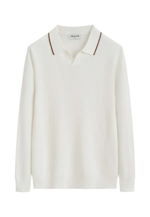 Polo en maille blanc à manches longues avec devant texturé et col présentant de fines rayures marron sur les bords.