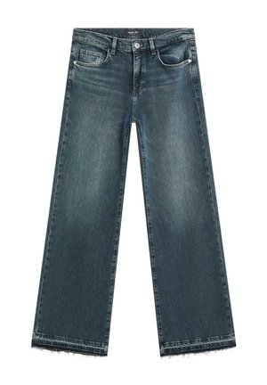 Wide-leg denim jeans in dark blue with a faded finish. Features a frayed hem and classic five-pocket design with metal hardware.