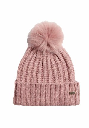 Knitted pink beanie with ribbed design. Features a soft faux fur pom-pom on top and a small metallic logo accent on the front cuff.