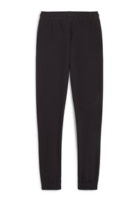 Svarta sweatpants med elastisk midja och muddar. Mjukt tyg med en slät textur. Rakt ben design utan fickor eller mönster.