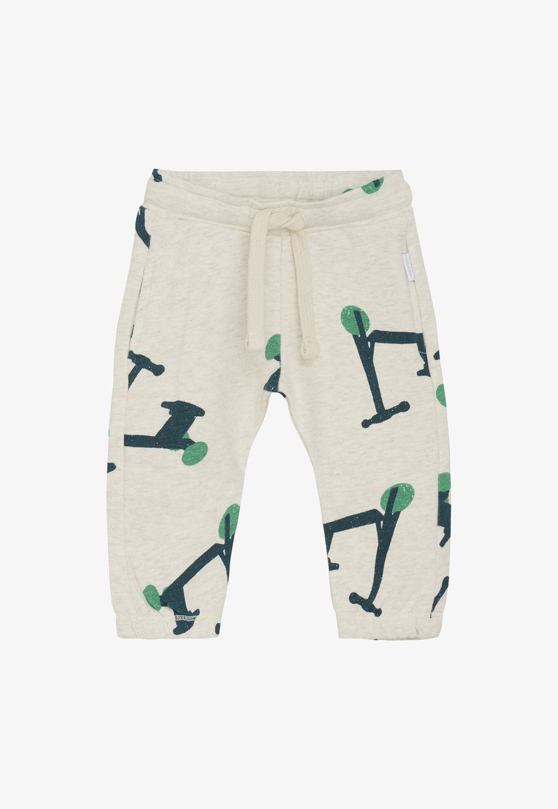Kinder joggingbroek in lichtbeige stof, met groene en marineblauwe scooterillustraties. Heeft een elastische tailleband met een trekkoord.