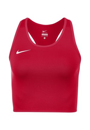 Rode Nike sportbeha met racerback ontwerp en wit Swoosh-logo op de linkerborst, maat small.