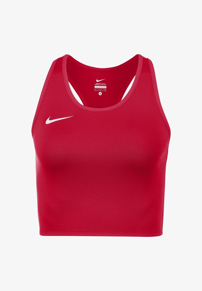 Soutien-gorge de sport rouge Nike avec un design dos nageur et un logo swoosh blanc sur le côté gauche de la poitrine, taille petite.