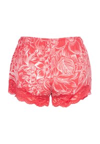 Korallfärgade shorts med ett vitt blommönster, resårmidja och spetsdetalj vid kanten, tillverkade i lättviktigt tyg.