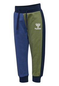 Blauwe en groene sweatpants met een contrasterende marineblauwe streep, voorzien van een elastische tailleband, strikkoord en een witte logodetail op de dij.