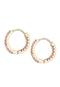 Guldörhängen med en rad av små rosa triangulära stenar längs den yttre kanten. Designen är cirkulär med en lätt tjocklek.
