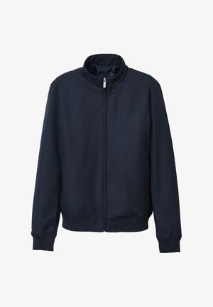 Veste bomber bleu marine en matériau léger ; avec un col haut, une fermeture éclair sur toute la longueur, des poignets élastiques et une taille élastique, offrant une texture lisse.