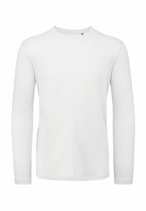 T-shirt bianca in cotone a maniche lunghe con scollatura rotonda, texture morbida e design minimalista. Nessun motivo o dettaglio visibile.
