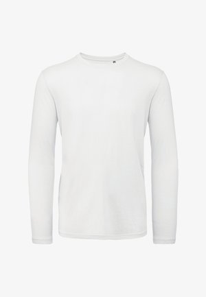 Long-sleeved white cotton t-shirt with a round neckline, soft texture, and a minimalist design. No visible patterns or accents.