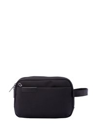 Borsa da toeletta nera realizzata in tessuto resistente, con chiusura zip e manico laterale per un facile trasporto. Texture liscia con un'etichetta del logo.