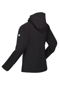 Veste noire à capuche avec manches longues et un petit hexagone réfléchissant sur le haut du bras gauche, vue de dos.