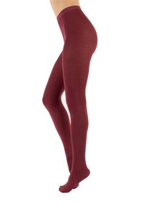 Burgunderfarbene Strumpfhosen aus glattem, dehnbarem Material; eng anliegendes Design mit hohem Bund und nahtloßer Verarbeitung.