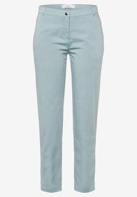 Lichtblauwe katoenen broeken met een slim fit, voorzak, knoopsluiting en subtiele stiksels. Gladde textuur en strakke lijnen.