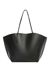 Grand sac fourre-tout en cuir noir avec deux longues poignées et un sommet lisse, légèrement arrondi.
