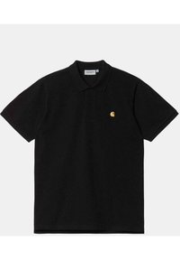 Schwarzes Polohemd aus Baumwolle mit einem kragenförmigen Ausschnitt und kurzen Ärmeln. Auffälliges goldenes Logo auf der linken Brustseite.