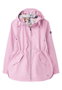 Różowa, lekka kurtka przeciwdeszczowa z kapturem, elastyczną talią, bocznymi kieszeniami oraz kwiatowym wnętrzem. Posiada zamek błyskawiczny i miękką teksturę.